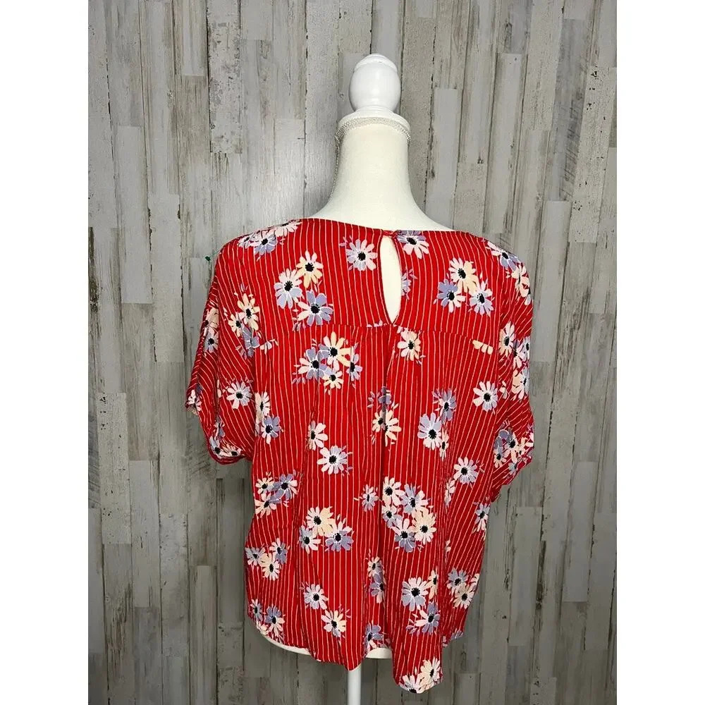 Madewell Women's Large Floral Cropped Blouse Red V-Neck Short Sleeve - Picture 3 of 5